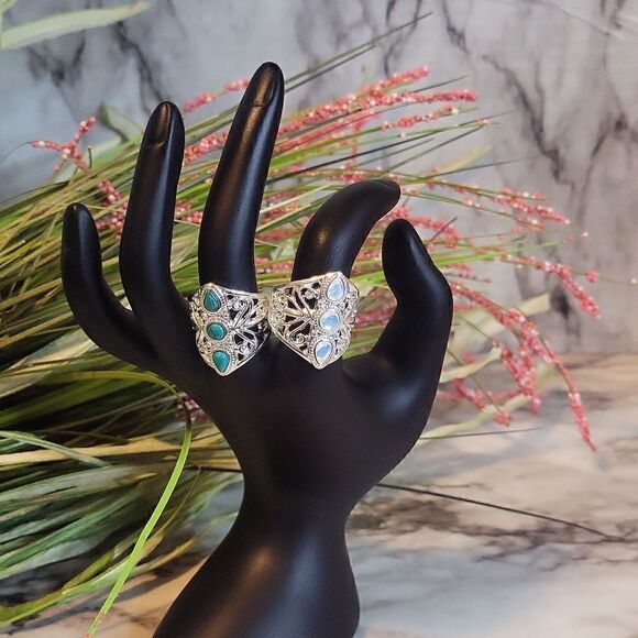 Vintage Style Silver Plate Ring With Stones Encrusted Turquoise - Picture 11 of 11